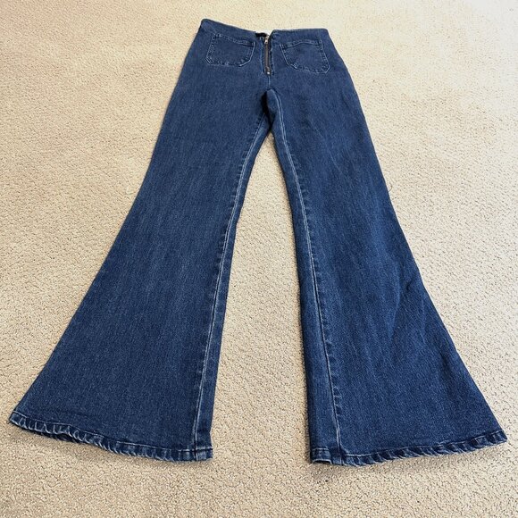 Vestique Jeans High Waist Flare Boho Festival Dark Patch Pockets LARGE #71P1355A - Picture 1 of 10